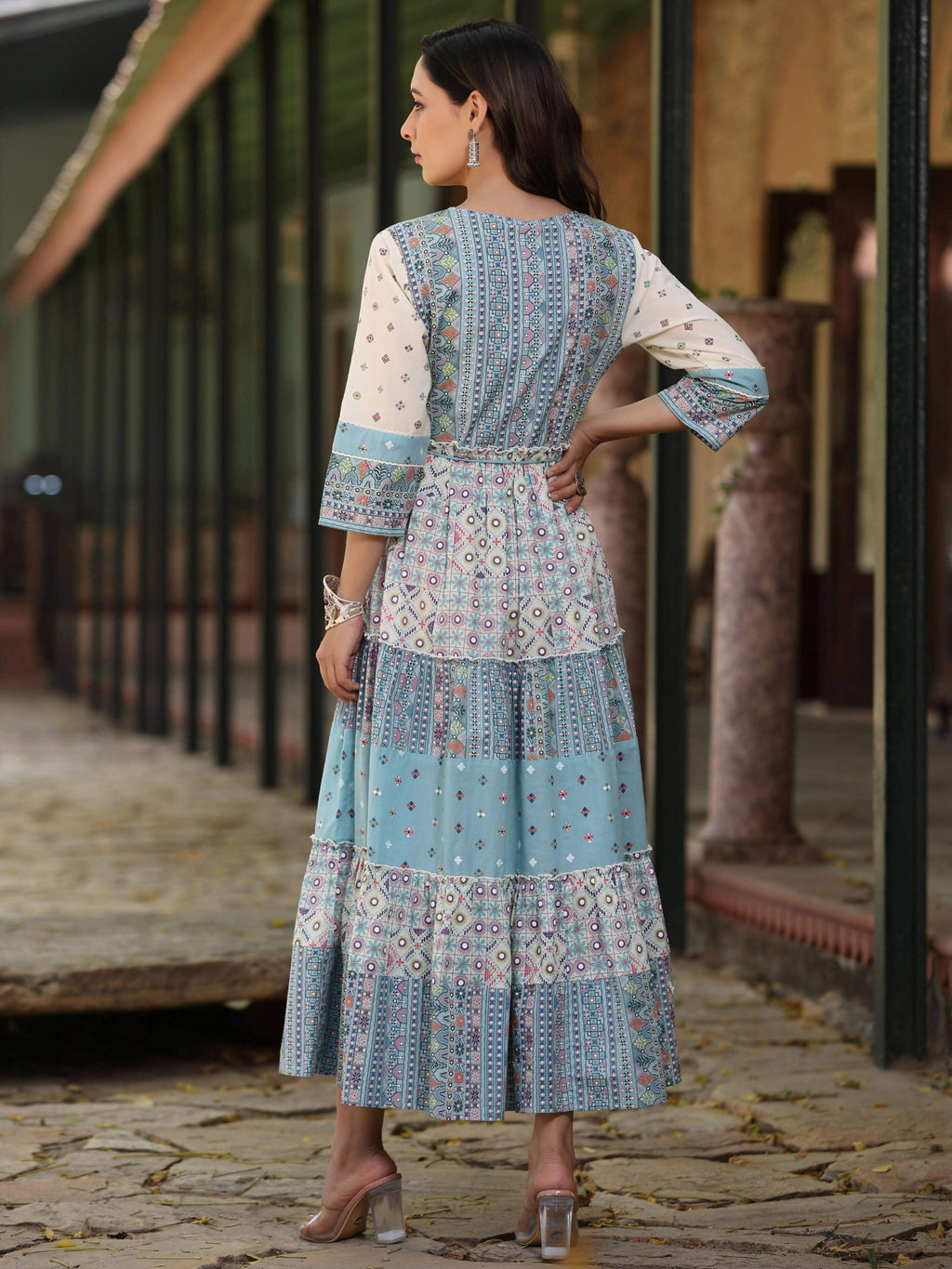 Juniper Women's Blue Cotton Cambric Geometric Printed Tiered Maxi Dress | Grocsy