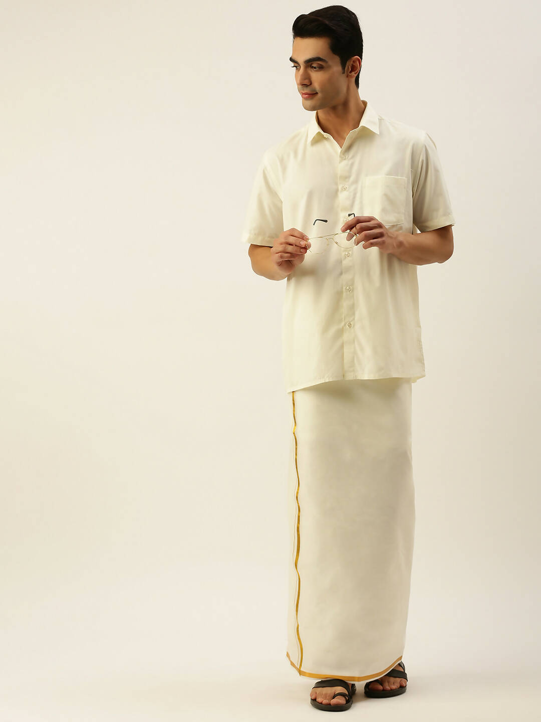 Ramraj Cotton Mens Pure Cotton 1/2 Inch Gold Jari Dhoti - Cream | Grocsy