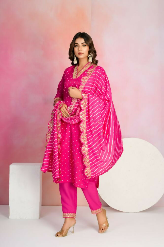 Ethnic Festive Wear Viscose Chanderi Pink Stitched Suit With Dupatta - Tanisha | Grocsy