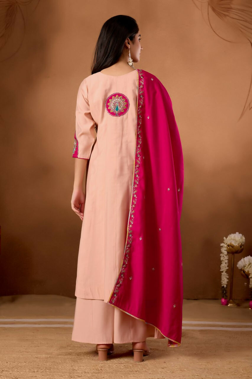 Lehenga Mart Designer Front-Slit Kurta, Paired With Wide-Leg Palazzo Pants And A Dupatta.-Peach | Grocsy
