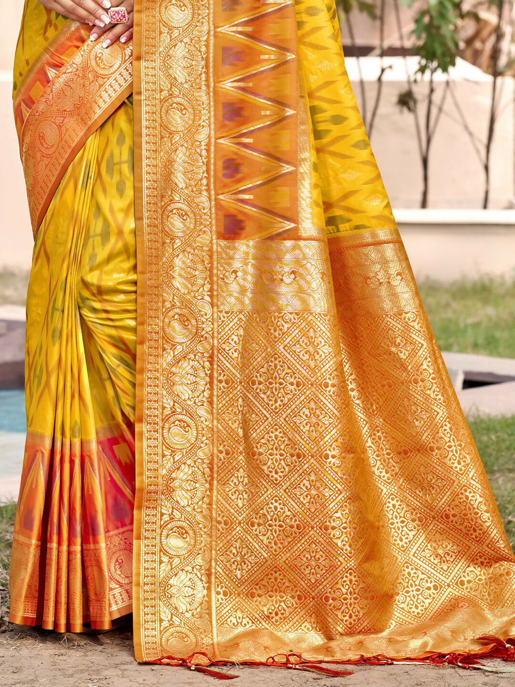 Shree Shyam Fashion Yellow Pochampally Silk Saree | Grocsy