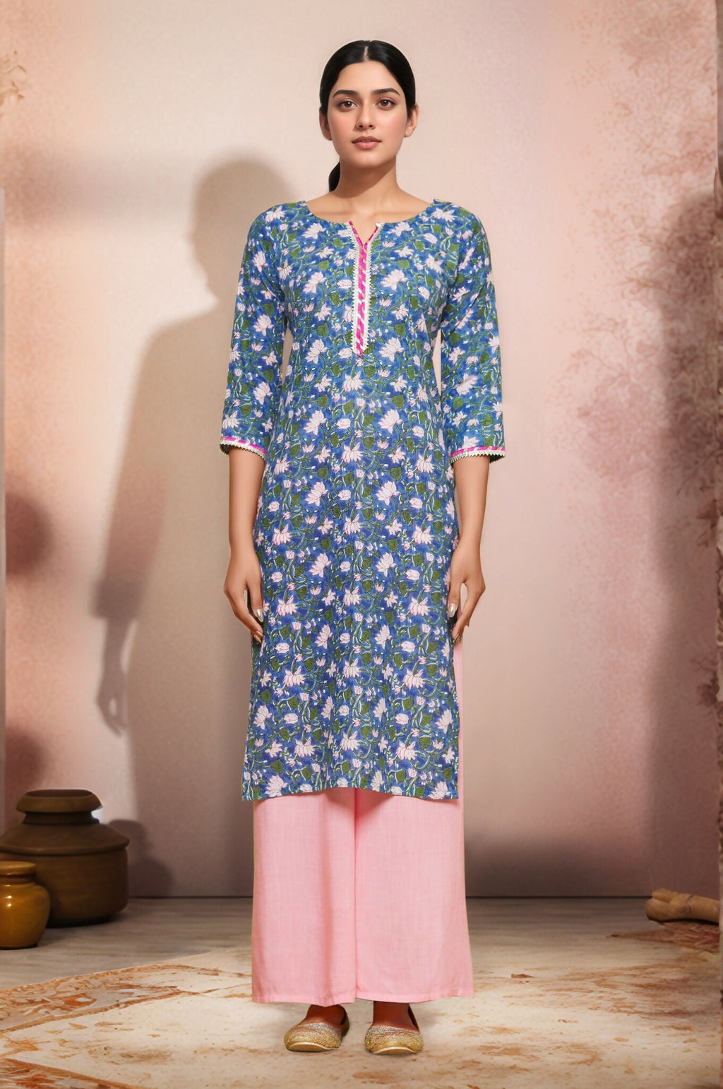 Joban Fashion Blue Flower Printed Cotton Kurti With Lace Work In Neck | Grocsy