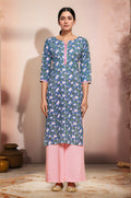 Joban Fashion Blue Flower Printed Cotton Kurti With Lace Work In Neck | Grocsy