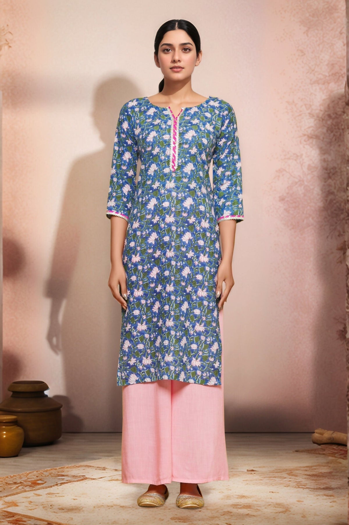 Joban Fashion Blue Flower Printed Cotton Kurti With Lace Work In Neck | Grocsy
