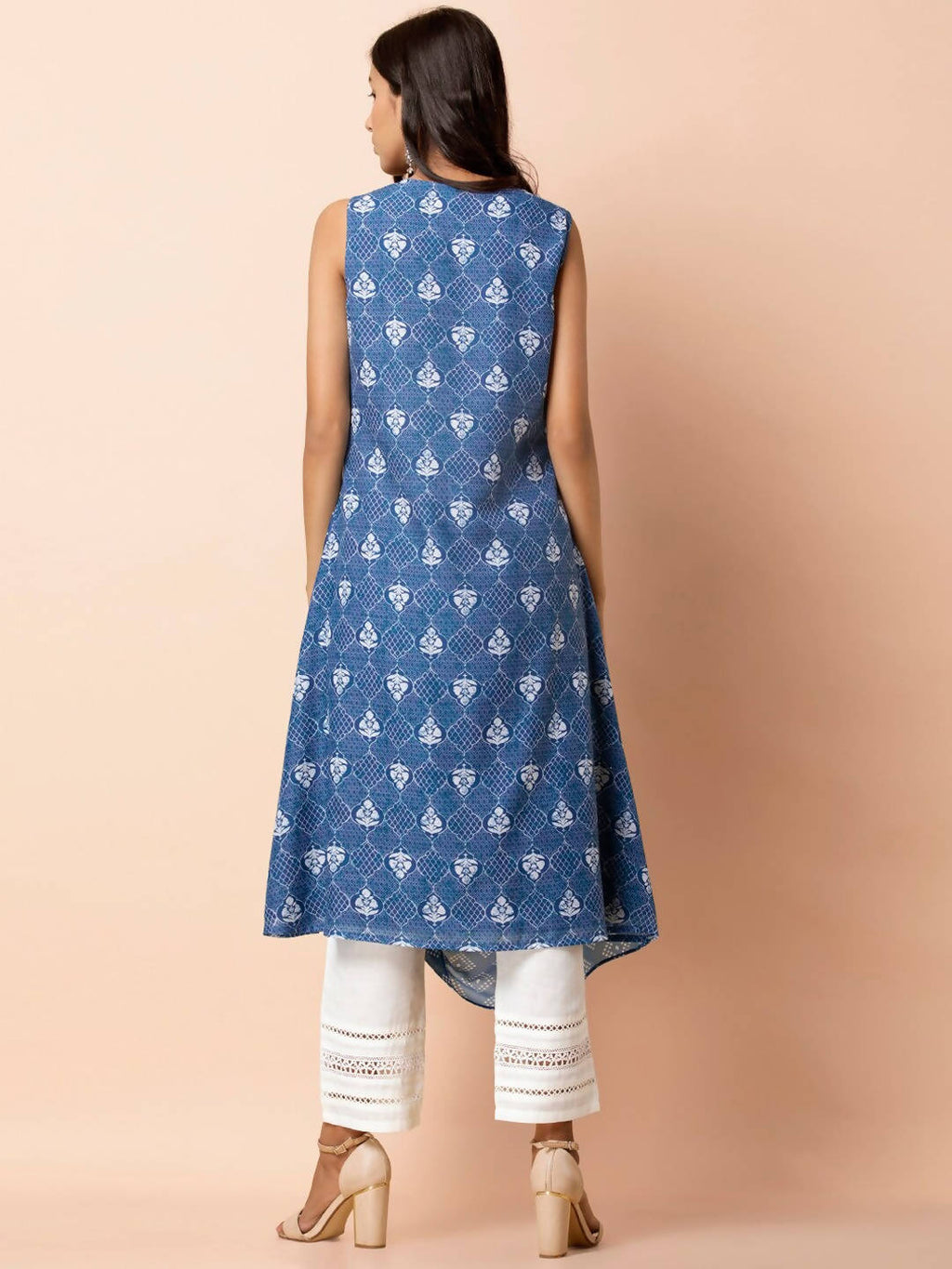 Indya Blue & White Printed A-Line Kurta | Grocsy