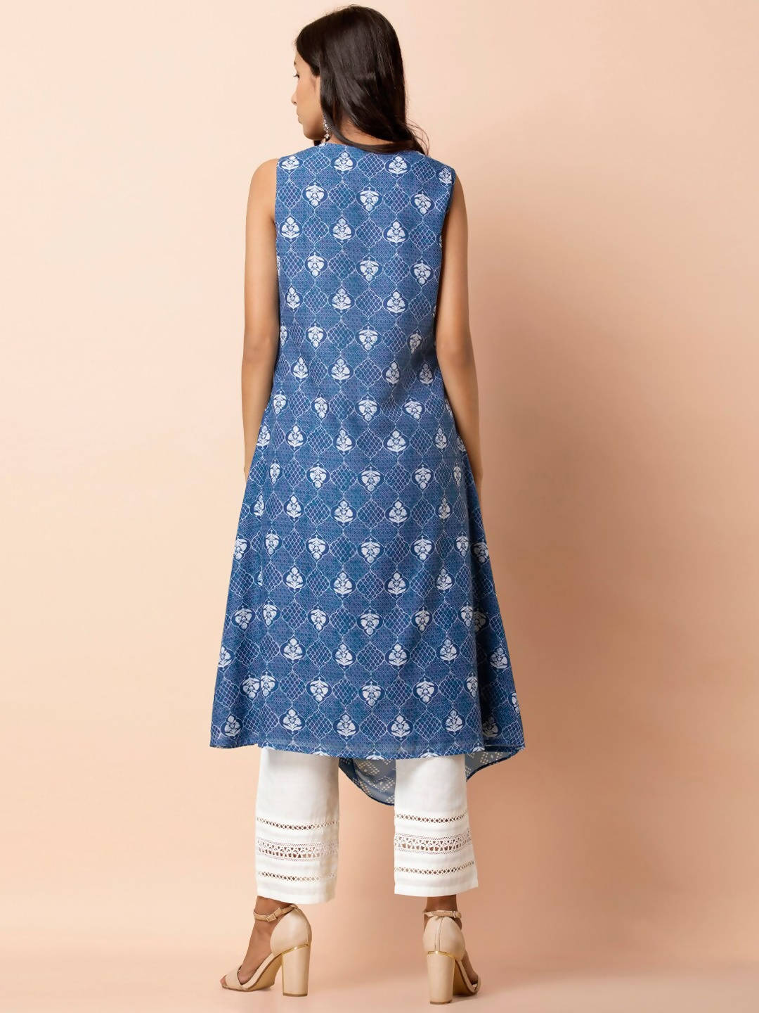 Indya Blue & White Printed A-Line Kurta | Grocsy