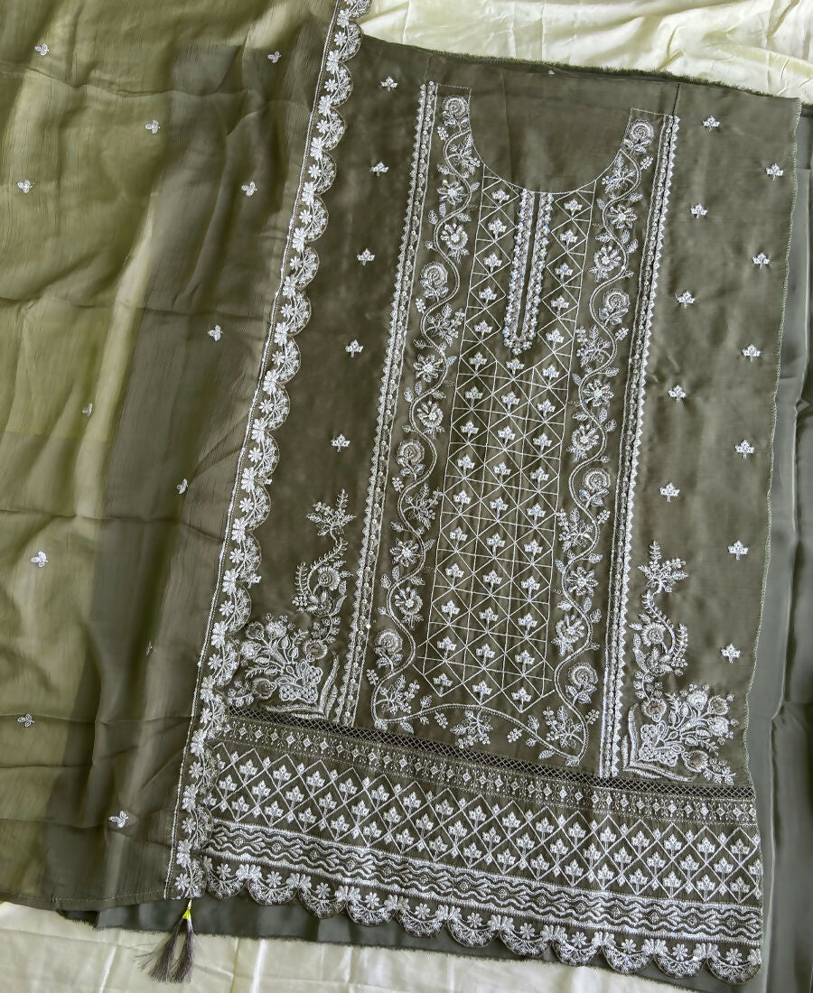 KC Mahendi Green Pakistani Straight Suit For Women Chiffon | Grocsy