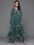 Ahalyaa Women Floral Printed Angrakha Kurta with Palazzos - Green Color | Grocsy