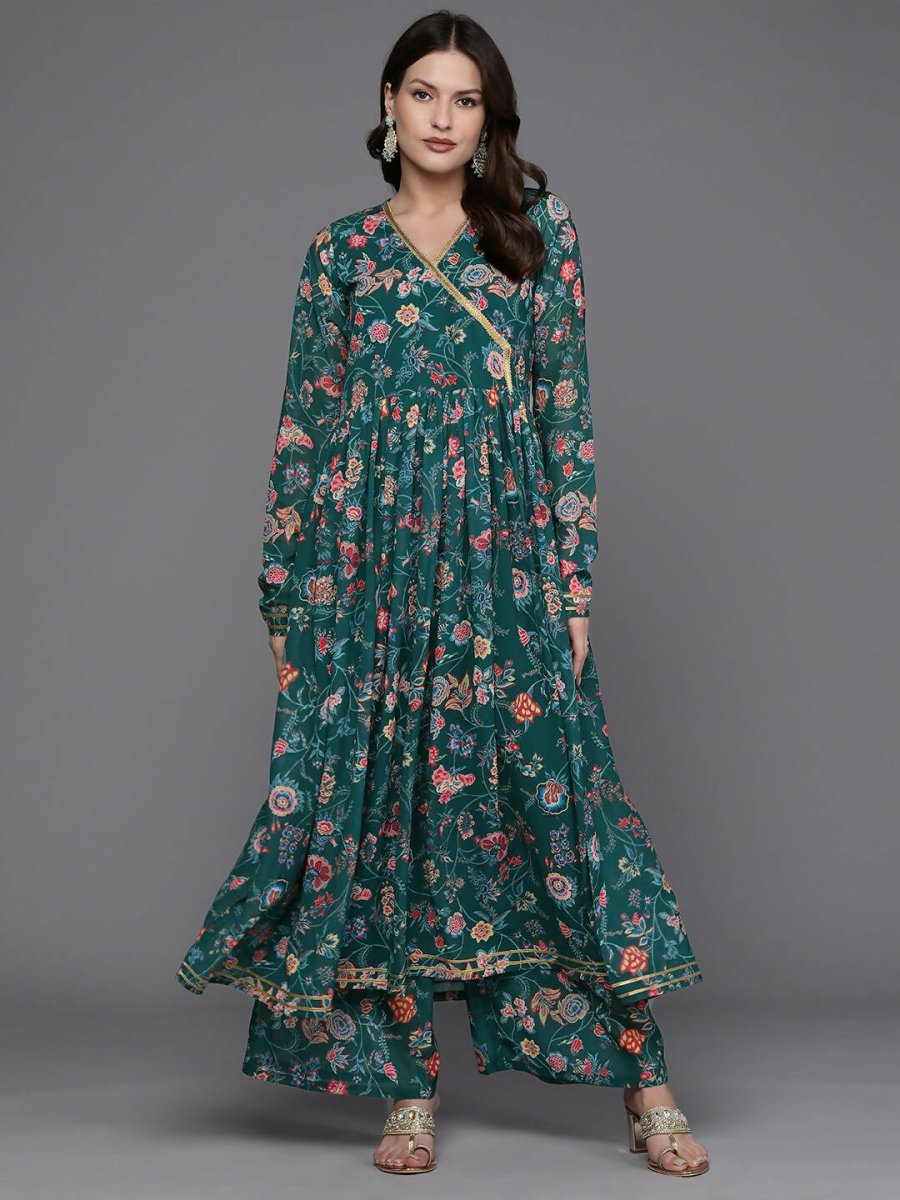 Ahalyaa Women Floral Printed Angrakha Kurta with Palazzos - Green Color | Grocsy