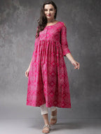 Vamika Pink Cotton Printed Party/Casual Wear Kurti | Grocsy