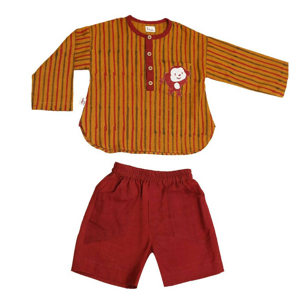 Mhyssa Kong Full sleeve Orange Kurta with Maroon Shorts Set For Kids | Grocsy