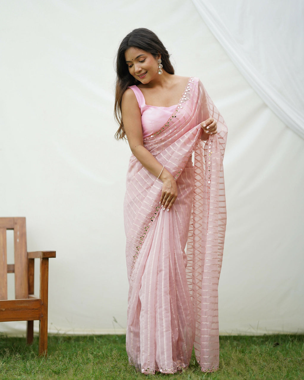 Vamsee Vijaysitara Baby Pink Organza Saree | Grocsy