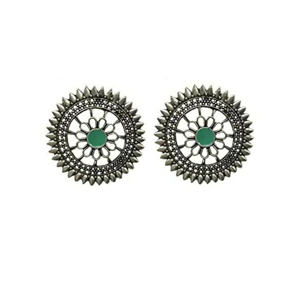 Tiaraa Green Alloy Silver Oxidised Stud Earrings