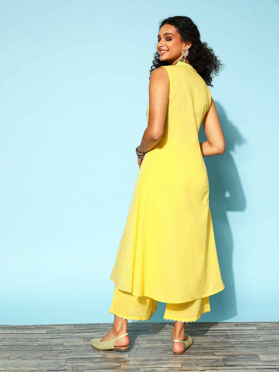 Ahalyaa Women Yellow Colour Cotton Printed Kurta Palazzo Set | Grocsy