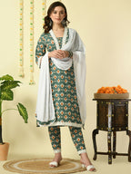 Myshka Women's Green Pure Cotton Kurta & Trousers With Dupatta Party Sets | Grocsy