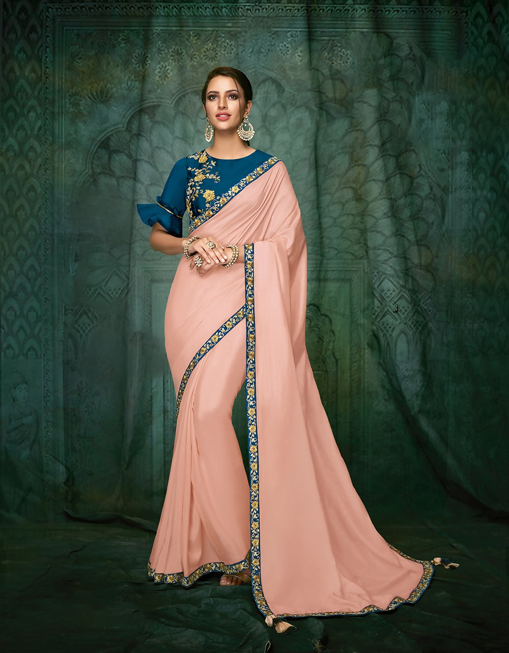 Peach Satin Silkzari And Cord Embroidery, Hand Work Saree - Norita Hit | Grocsy
