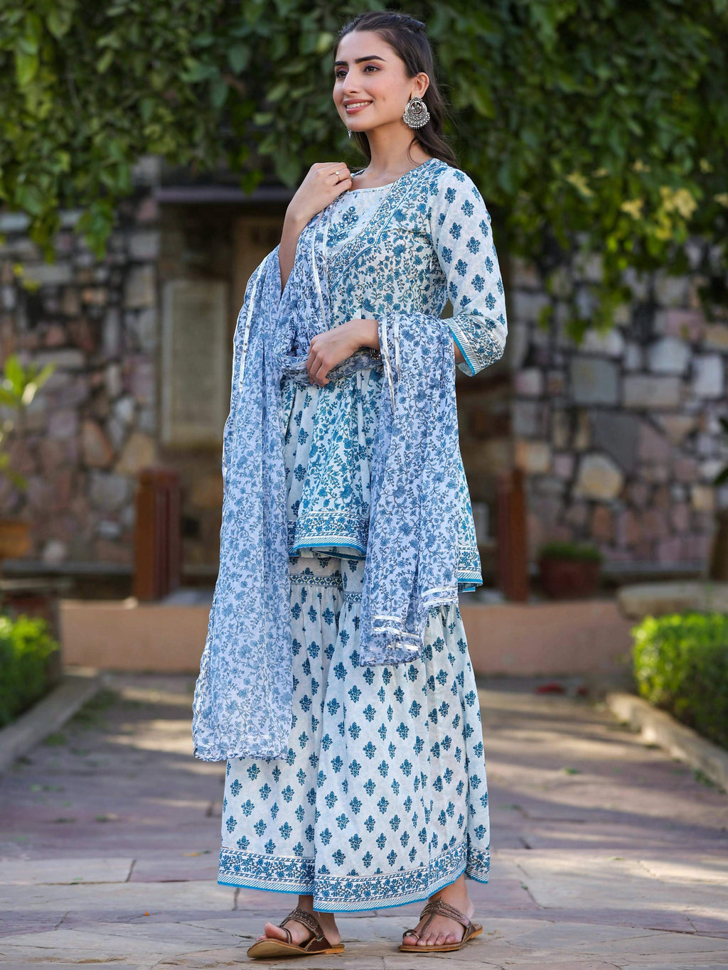 Juniper Women's Blue Cotton Cambric Floral Placement Printed Anarkali Kurta Sharara & Dupatta Set | Grocsy