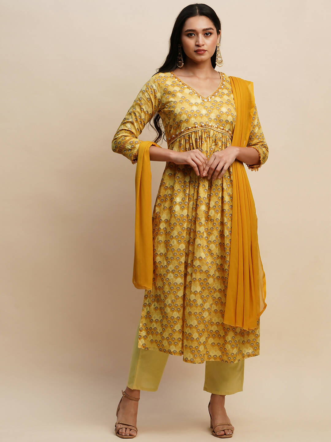 Mustard Pure Cotton Floral Printed Naira Cut Kurta And Bottom With Dupatta - Akashara | Grocsy