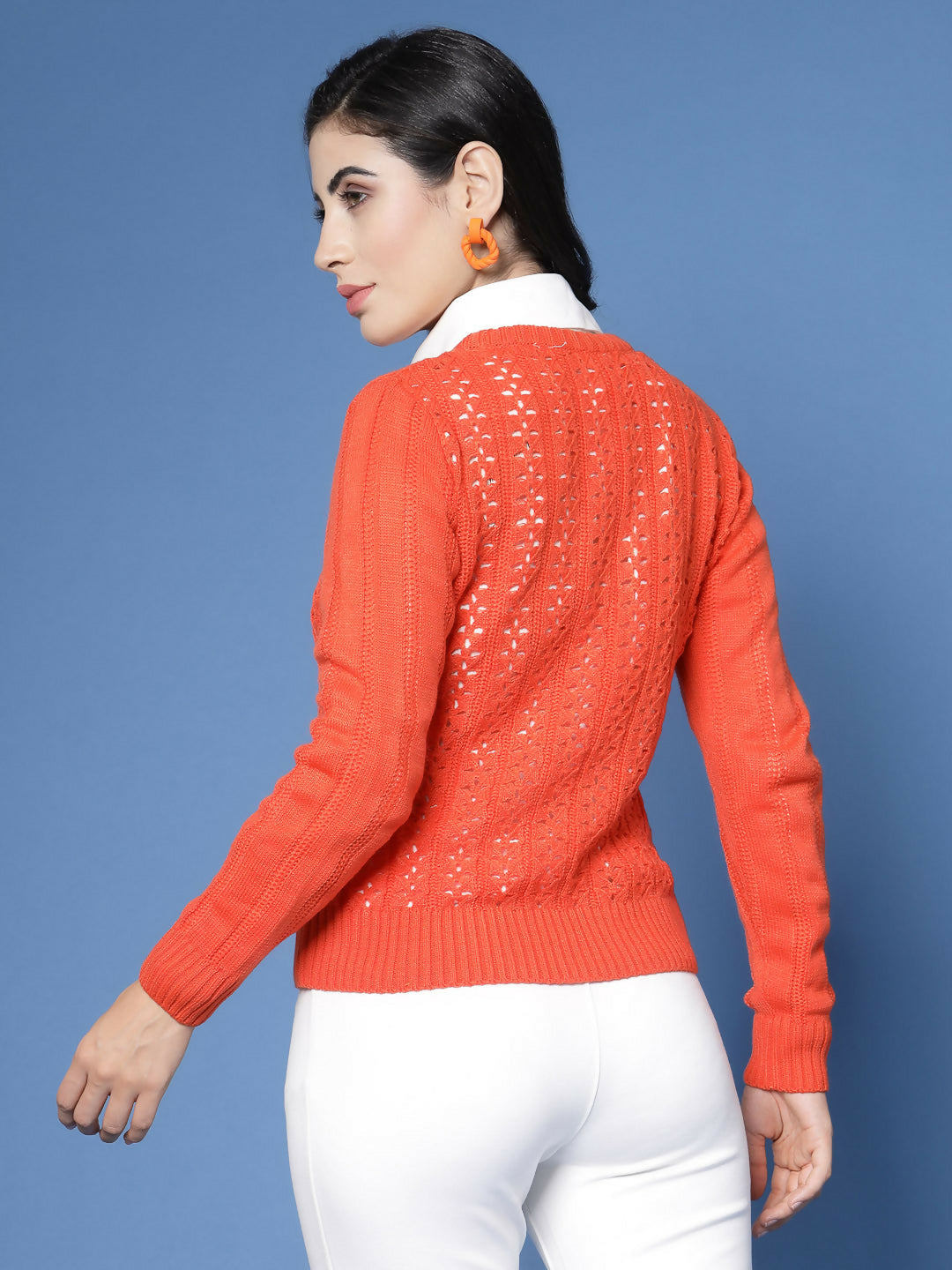Women Pointelle Rust Acrylic Winter Cardigan - Wool Trees | Grocsy