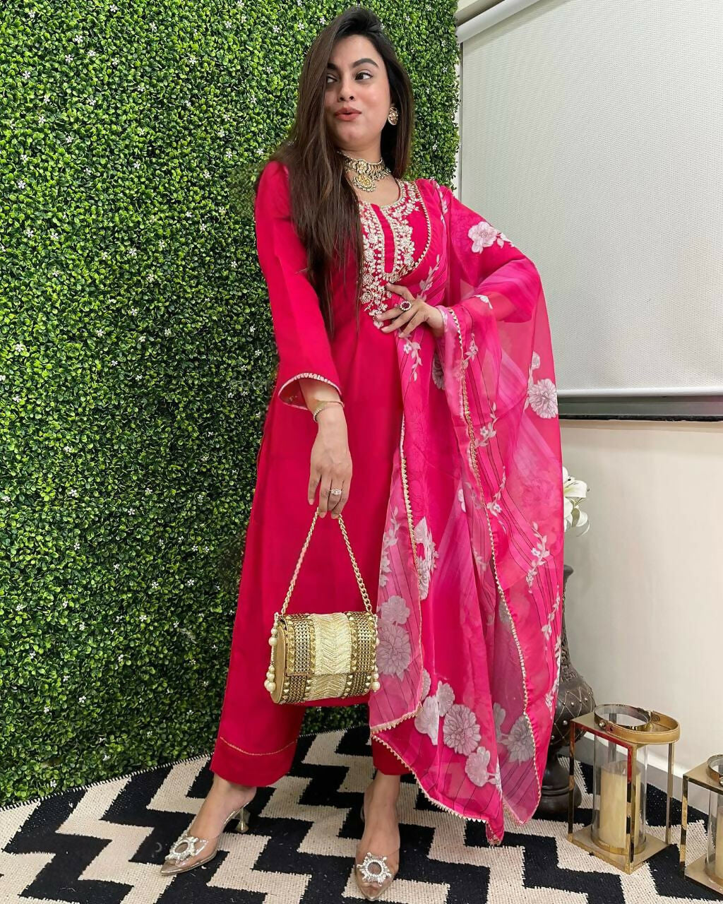 The52 Rani Women's Beautiful Viscose Chanderi Fabric Embroidered Work Straight Kurta Pant and Dupatta Set | Grocsy