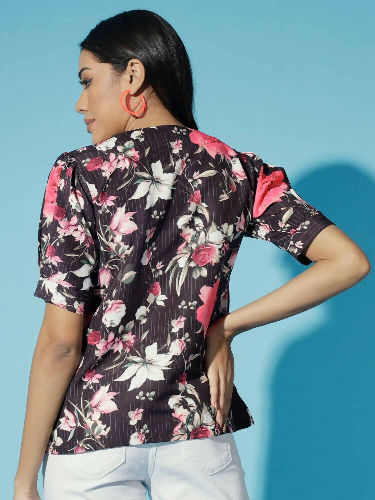 Myshka Women Black Floral V-Neck Regular Sleeves Viscose Rayon Top | Grocsy