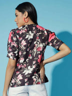 Myshka Women Black Floral V-Neck Regular Sleeves Viscose Rayon Top | Grocsy