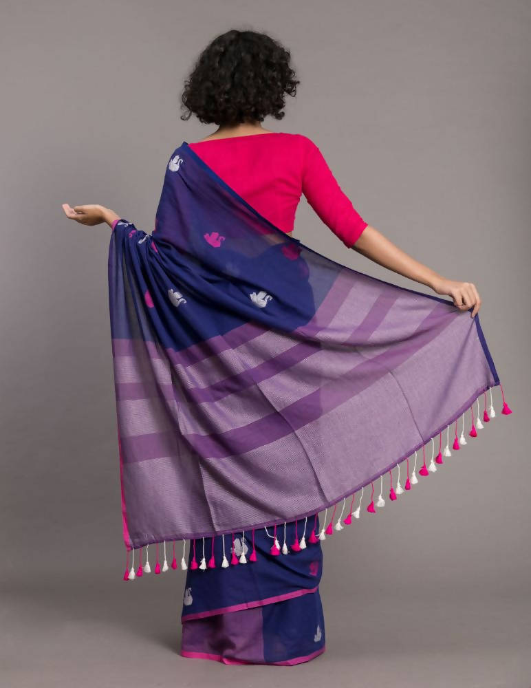 Suta Blue Pink Ethnic Motifs Handloom Cotton Woven Saree | Grocsy