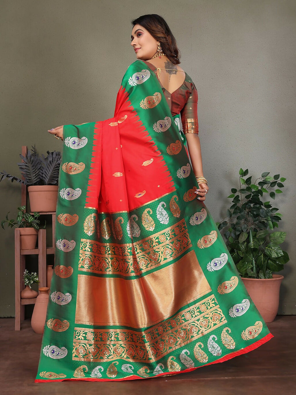 Joban Fashion Banarasi Red Butti Soft Silk Saree | Grocsy