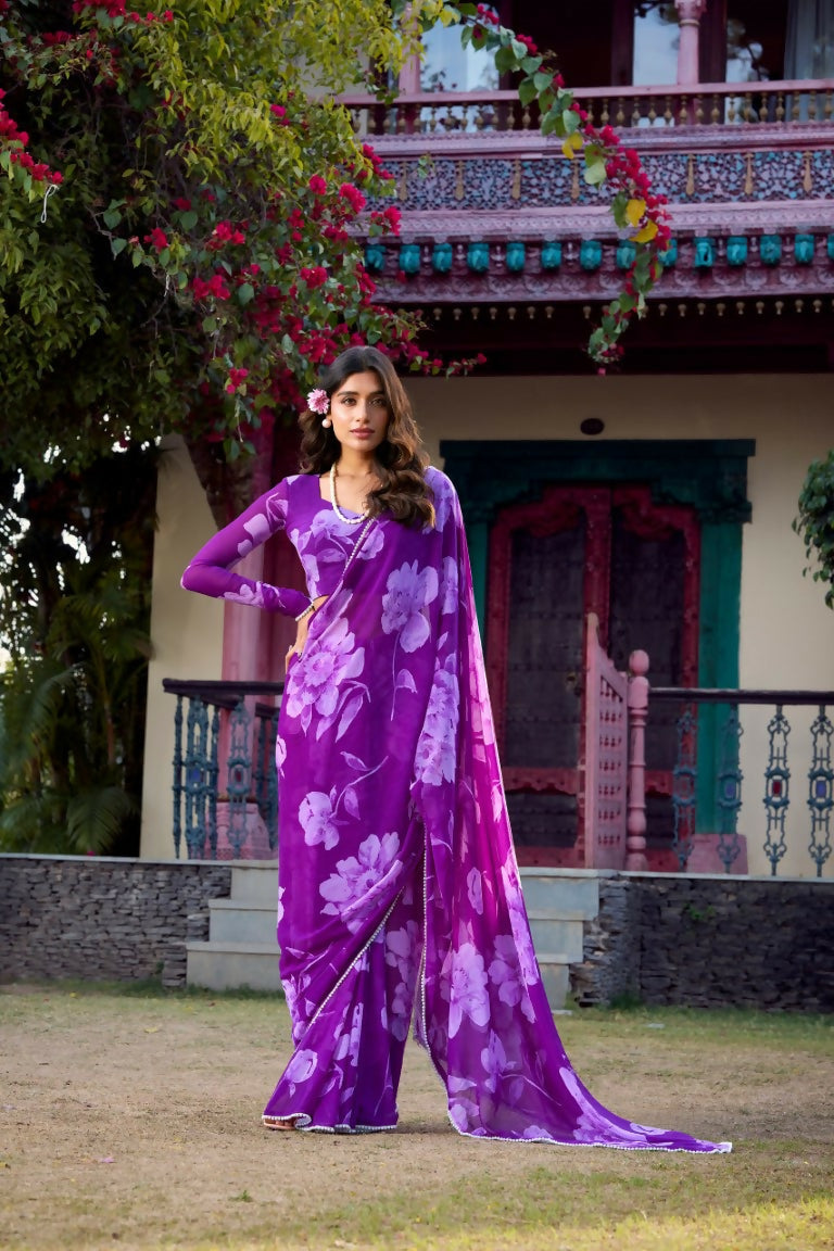 Vastranavya Purple Chiffon Floral Printed & Pearl Lace Border Saree with Unstitched Blouse | Grocsy