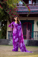 Vastranavya Purple Chiffon Floral Printed & Pearl Lace Border Saree with Unstitched Blouse | Grocsy