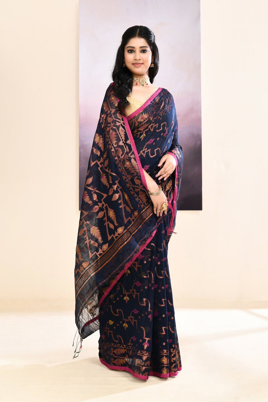 Piyari Fashion Women's Navy Blue Embellished Cotton Blend Jamdani Saree | Grocsy