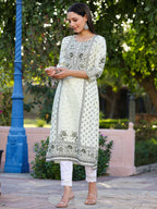 Juniper Women's Green Rayon Staple Kalamkari Floral Placement Printed Kurta | Grocsy