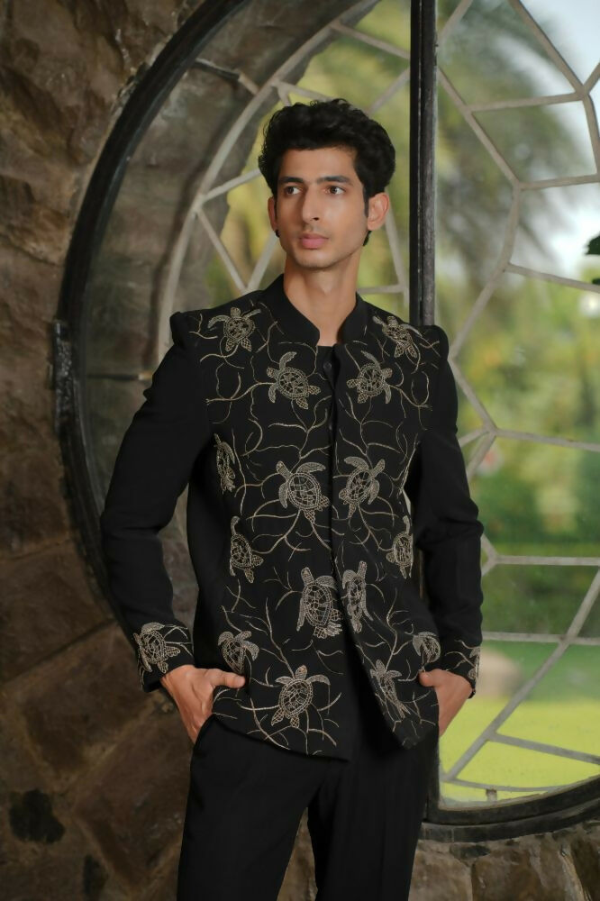 Classic Black Bandhgala Ensemble – Tortoise Embroidery by Hilo Design | Grocsy