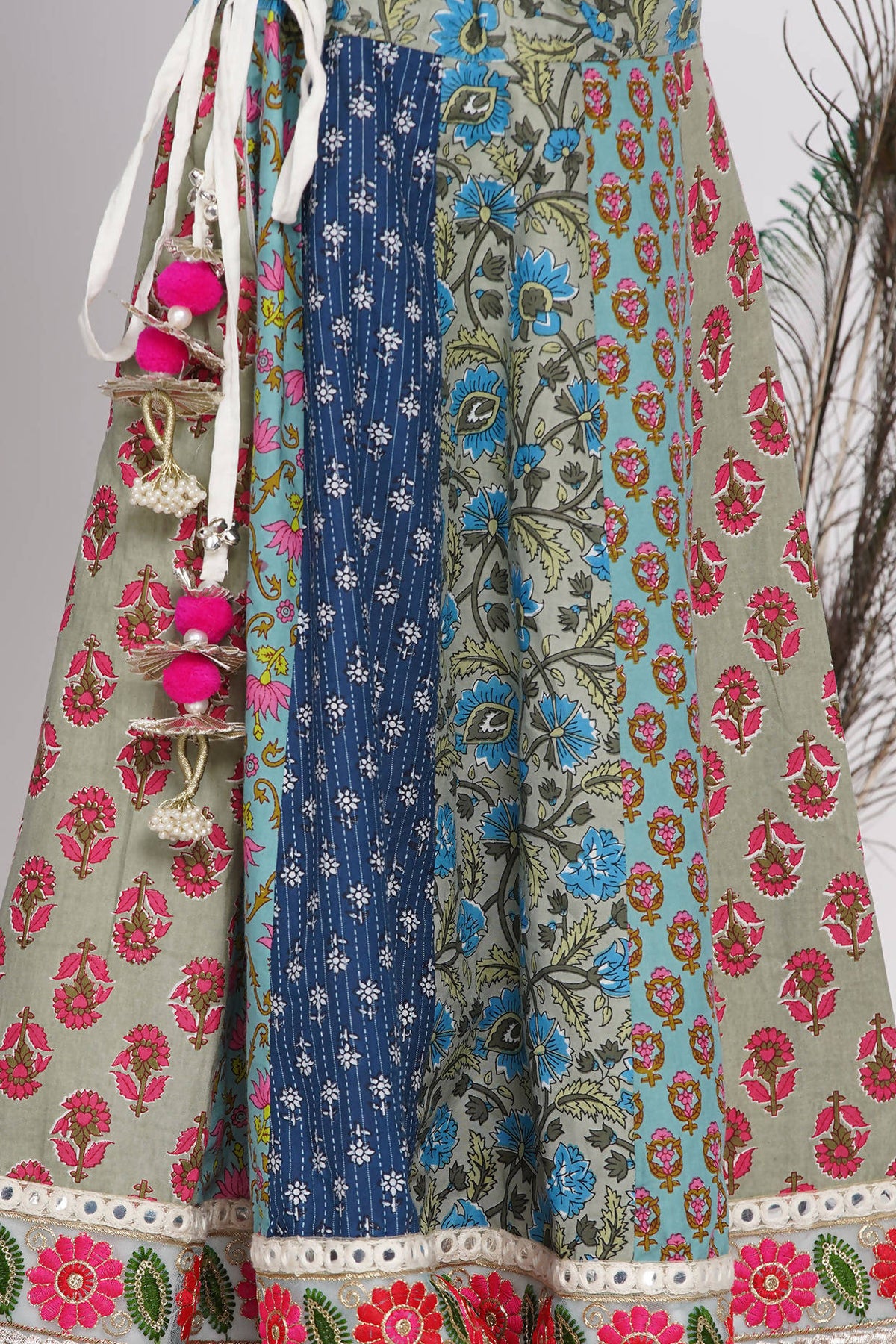 Little Bansi Girls Cotton Embroidery Kurta With Lehenga & Tussel - White & Multicolor | Grocsy