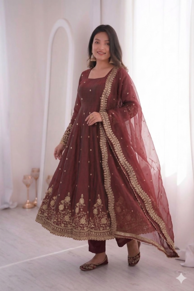 Teeya Creation Womens New Latest Trendy Elegant Maroon Embroidered Anarkali Suit Set with Scalloped Dupatta | Grocsy