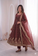 Teeya Creation Womens New Latest Trendy Elegant Maroon Embroidered Anarkali Suit Set with Scalloped Dupatta | Grocsy