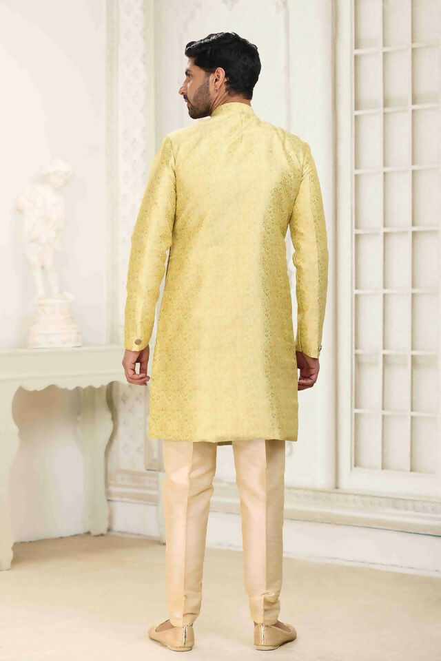 Raivat Ethnic Banarasi Jacquard Embroidery Semi Indo Western Sherwani In Cream Gold Colour | Grocsy
