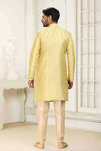 Raivat Ethnic Banarasi Jacquard Embroidery Semi Indo Western Sherwani In Cream Gold Colour | Grocsy