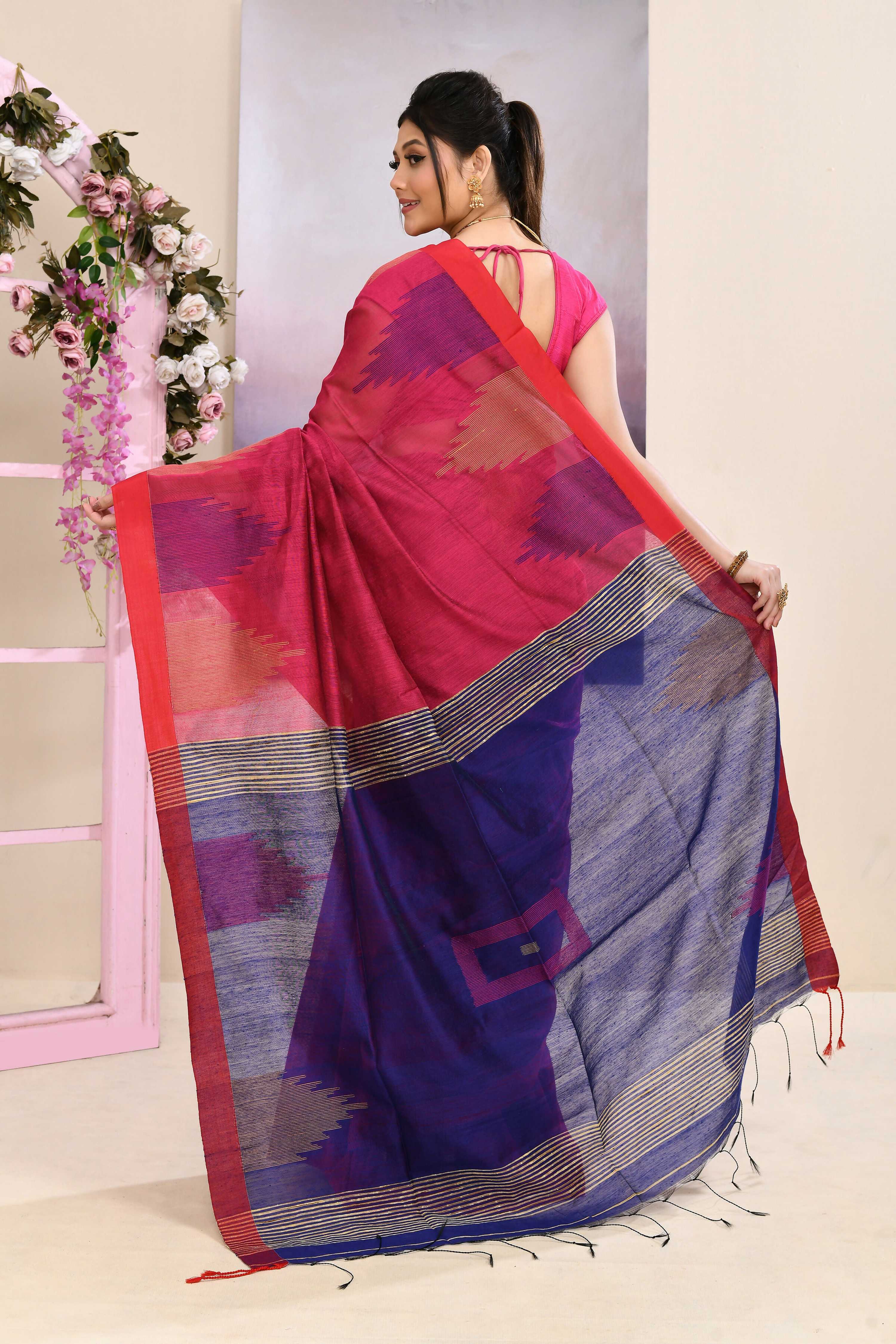 Piyari Fashion Women's Pink Temple Border Embellished Cotton Blend Jamdani Saree | Grocsy