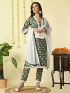 Myshka Women's Green Pure Cotton Kurta & Trousers With Dupatta Party Sets | Grocsy