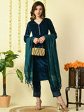 Myshka Women's Teal Velvet Kurta & Trousers With Dupatta Party Sets | Grocsy