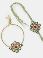 NVR Women & Men Set of 2 Gold Kundan-Studded Handcrafted Wraparound Rakhi Set With Roli Chawal | Grocsy
