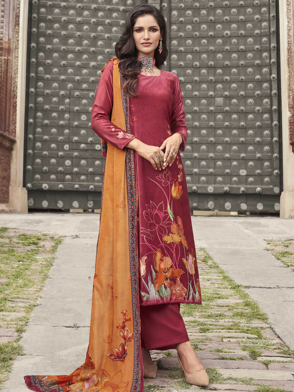 Jyoti Fashion Women's Red Velvet Floral Digital Printed Kurta with Trouser & Dupatta | Grocsy