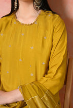 Joban Fashion Mustard Premium Pure Viscose Print Dola With Handwork Kurta Set | Grocsy