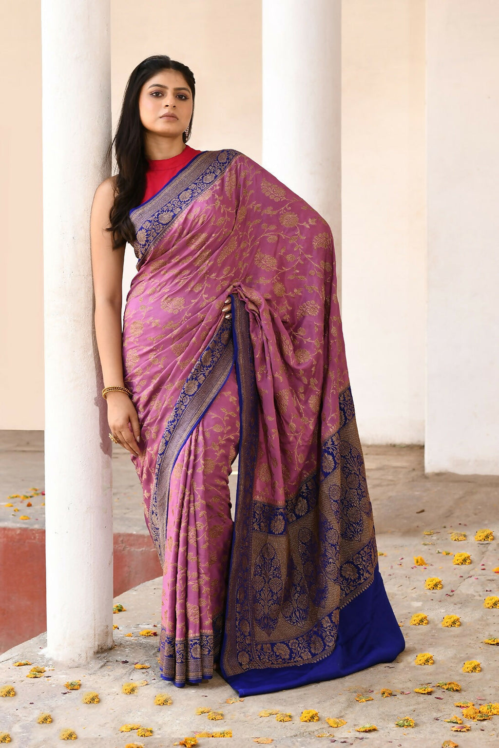 Joban Fashion Nude Pink Crepe Chiffon Pure Handloom Banarasi Silk Saree | Grocsy