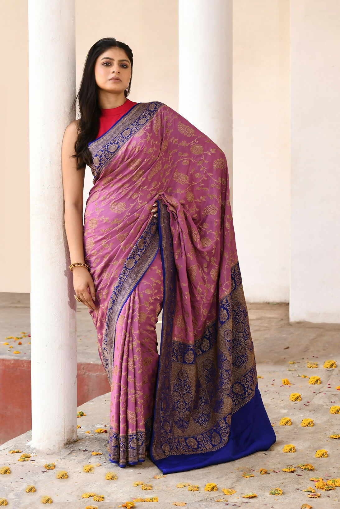 Joban Fashion Nude Pink Crepe Chiffon Pure Handloom Banarasi Silk Saree | Grocsy