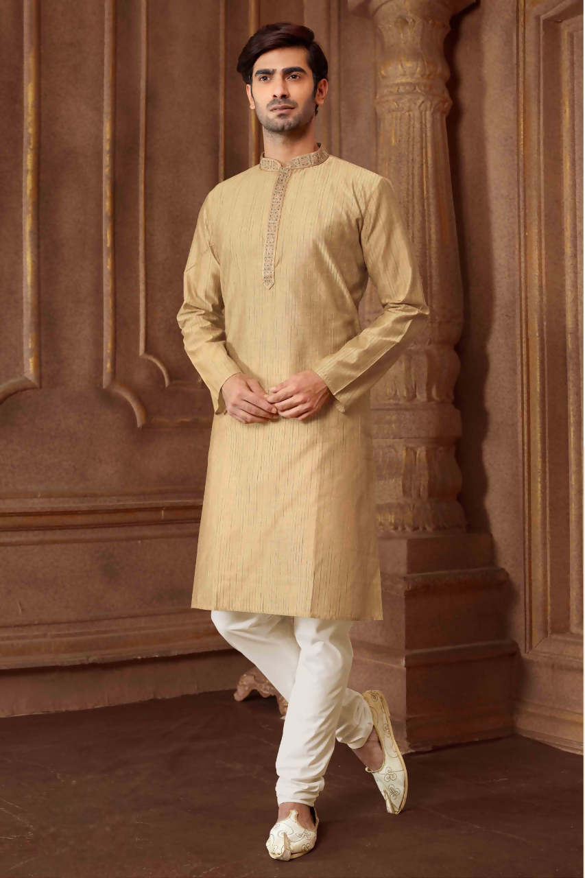 Joban Fashion Light Grey art Silk Blend Strips kurta Pyjama | Grocsy