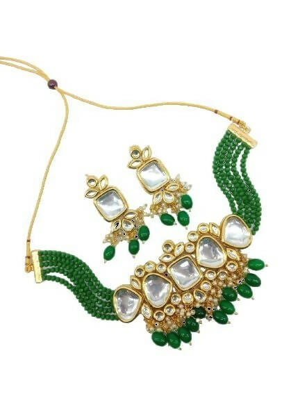 Gold-Polished Meenakari Kundan Studded Bridal Green Choker Necklace & Drop Earrings Jewellery Set By House of Ree - House of Ree