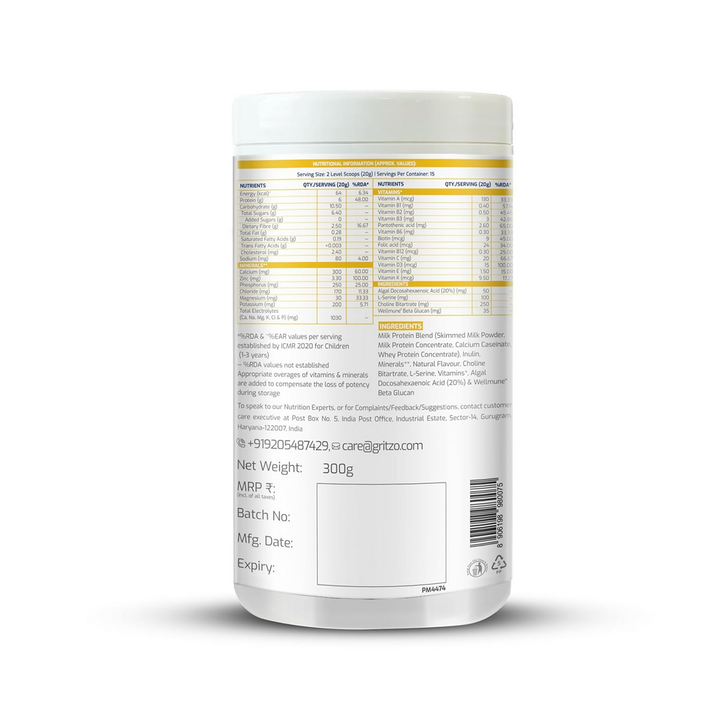 Gritzo SuperMilk Overall Growth (2-6y Boy & Girl) Unsweetened Drink Mix 6g Protein Powder Creamy Vanilla | Grocsy