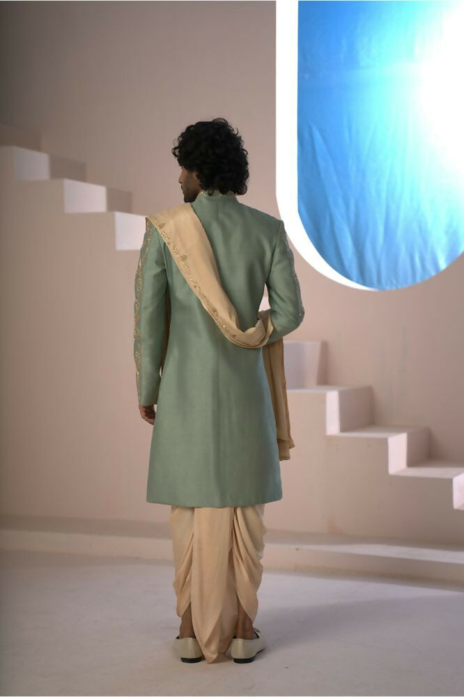 Majestic Mint Green Dupion Silk Sherwani With Satin Dhoti & Santone Dupatta by Hilo Design | Grocsy